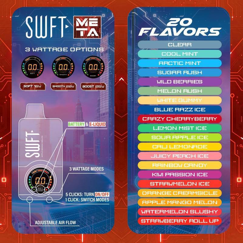 SWFT Meta disposable vape featuring 3 adjustable wattage modes and 20 unique flavor options for enhanced vaping experience.