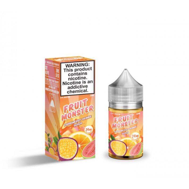 Fruit Monster Salt Nic 30ml e-liquid with mango, peach, and guava flavors in vibrant packaging.