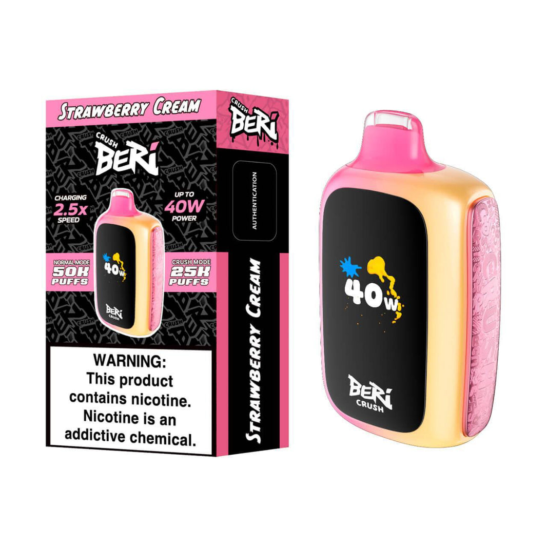 BERI CRUSH Disposable Vape in Strawberry Cream flavor, offering 50,000 puffs and 40W power, with warning label.