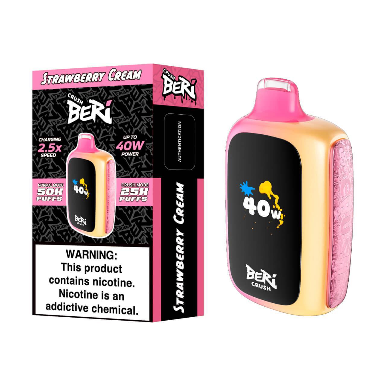 BERI CRUSH Disposable Vape in Strawberry Cream flavor, offering 50,000 puffs and 40W power, with warning label.