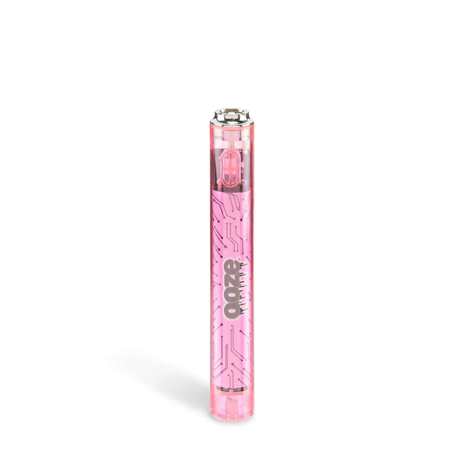 Ooze Slim Clear Series 510 vape battery in pink with retro-inspired transparent design and advanced features.