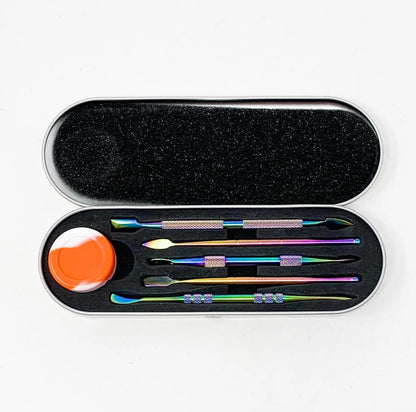 Dab Tool Travel Kit in a sleek case featuring five stainless steel tools and a silicone container for concentrates.