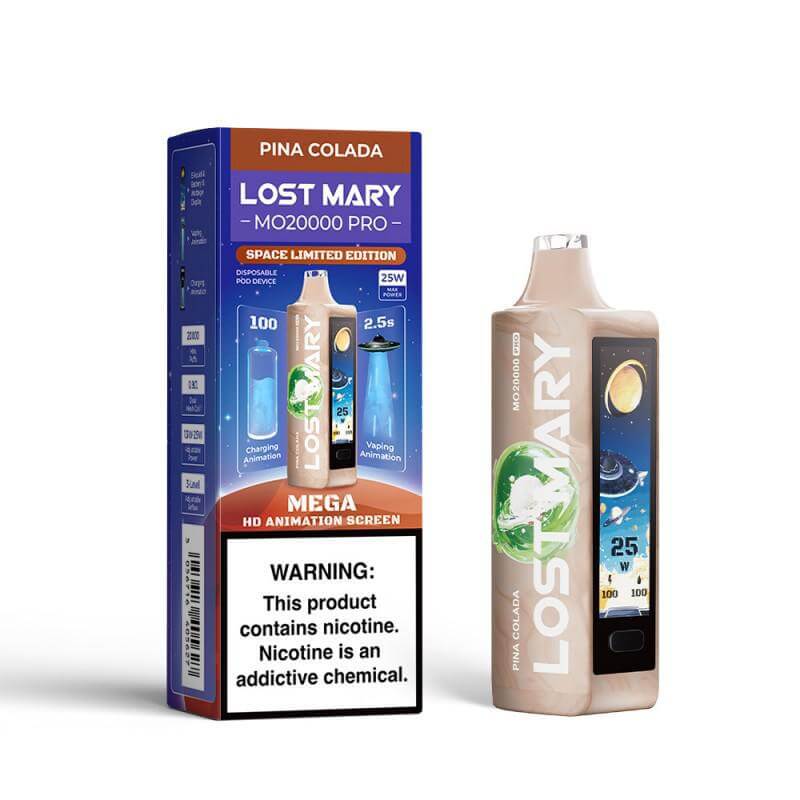 Lost Mary MO20000 Pro disposable vape with Pina Colada flavor packaging and warning label.