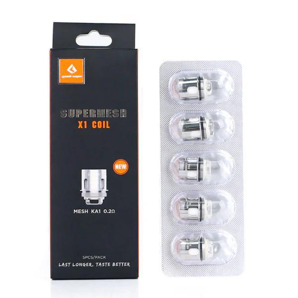 GeekVape SuperMesh X1 Coils packaging, featuring five mesh coils for enhanced flavor and vapor performance.