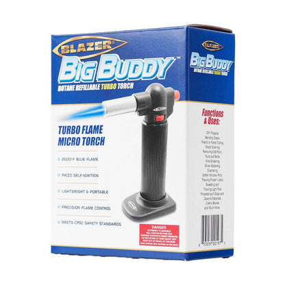 Blazer Big Buddy Butane Torch in packaging, showcasing turbo flame feature and precision control for culinary use.