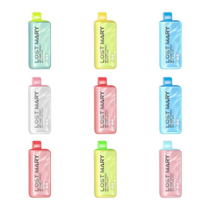 Various flavors of Lost Mary MT15000 disposable nicotine vapes displayed in a grid layout.