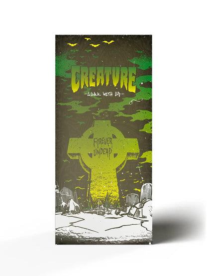 Creature design featuring a gravestone with 'Forever Undead' text in green and yellow, surrounded by bats and a spooky landscape.