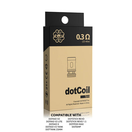 DotMod dotCoil packaging for premium vaping, compatible with various DotMod systems, 0.3 ohm resistance.