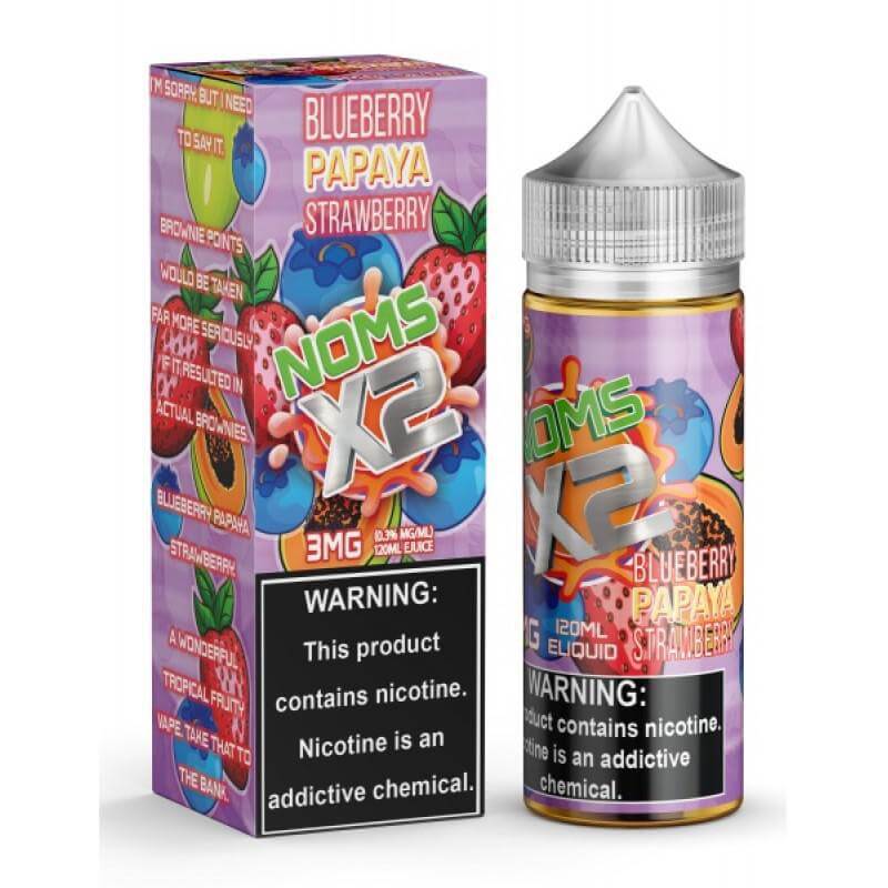 NOMS X2 Blueberry Papaya Strawberry 120ml e-liquid bottle with colorful packaging for ultimate vaping experience.