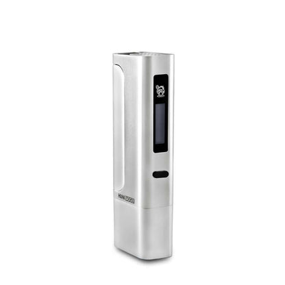 Huni Badger Portable Device Pro in silver with digital display, designed for quick heating of herbal extracts.