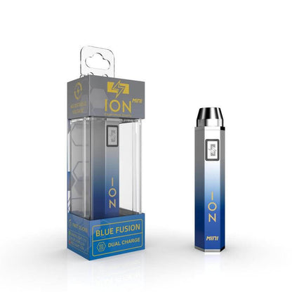 ION Mini Fusion 510 Battery in packaging, blue gradient design, dual charge for optimal vape performance.