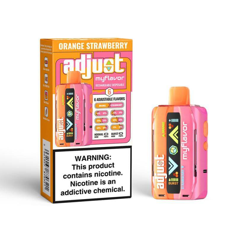 Adjust MyFlavor Disposable Nicotine Vape with orange strawberry flavor and customizable settings.