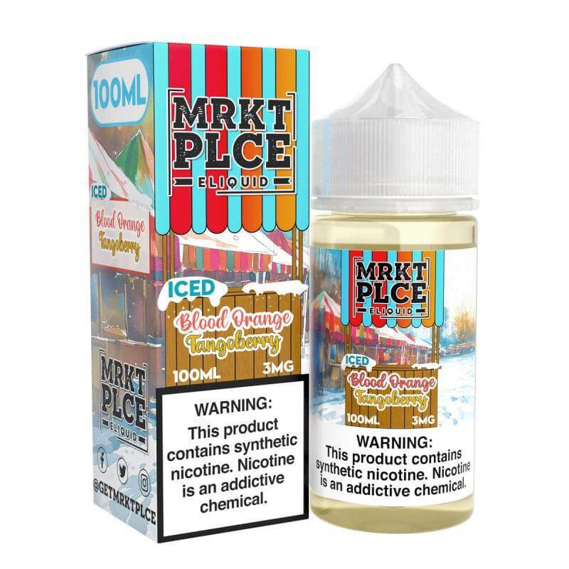 MRKT Place ICED Blood Orange Tangoberry eJuice 100ml bottle with vibrant packaging, featuring menthol flavor and nicotine warning.