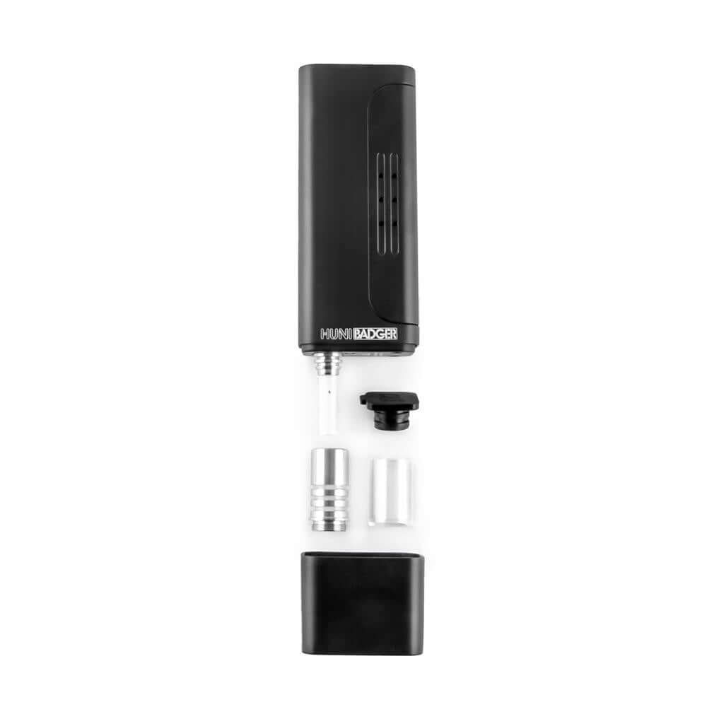 Huni Badger portable device components including mouthpiece and ceramic heating element, ideal for herbal extracts.