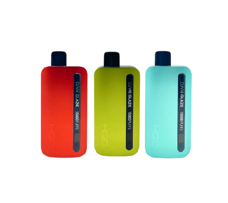 HQD Cuvie Glaze disposable vapes in red, green, and blue with 15,000 puffs feature.