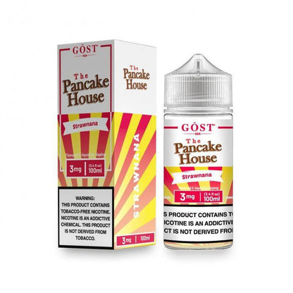 The Pancake House Strawnana e-liquid 100ml, featuring a blend of pancakes and strawberries, ideal for sub-ohm devices.