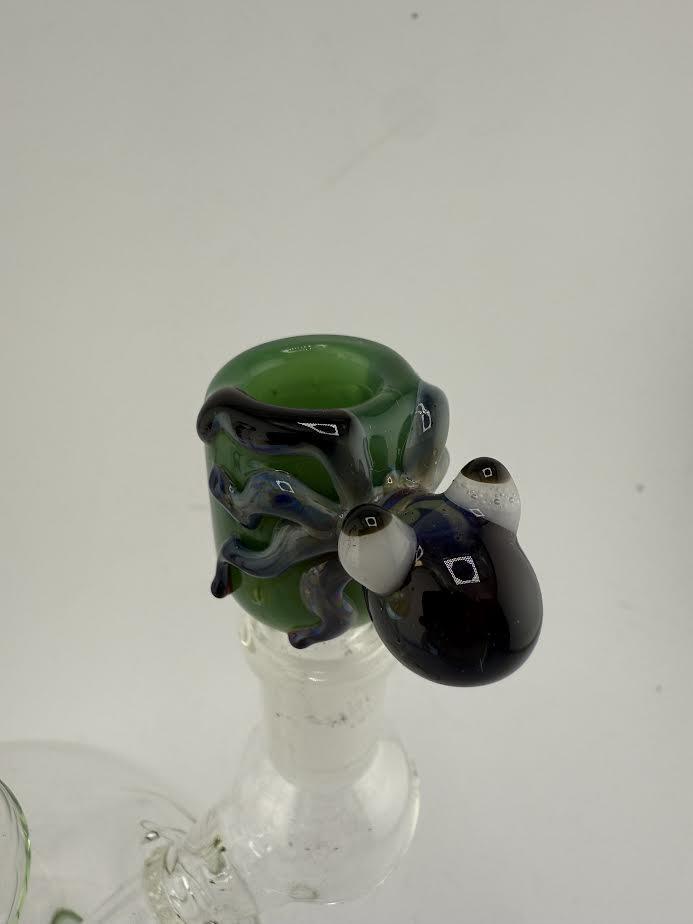 14mm octopus bowl piece by Lamp Dancer, featuring vibrant green and black glass with intricately sculpted octopus details.
