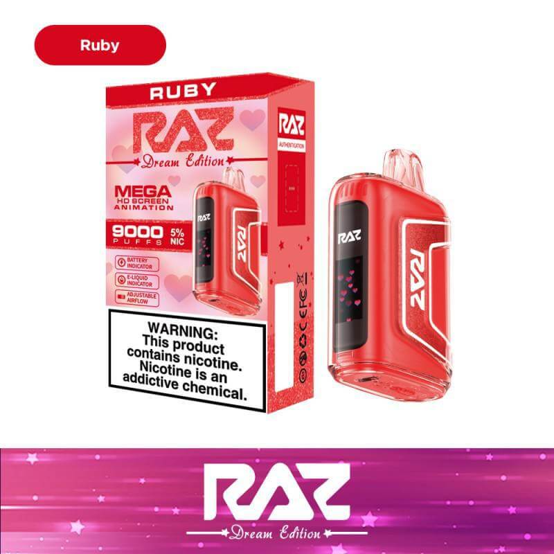 Raz TN9000 Ruby Disposable Vape with 9000 puffs, 5% nicotine, and eye-catching design.