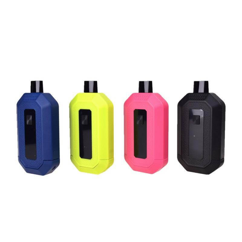 Spaceship Dual Cart 510 Battery in blue, yellow, pink, and black colors, featuring an OLED display and dual cartridge design.