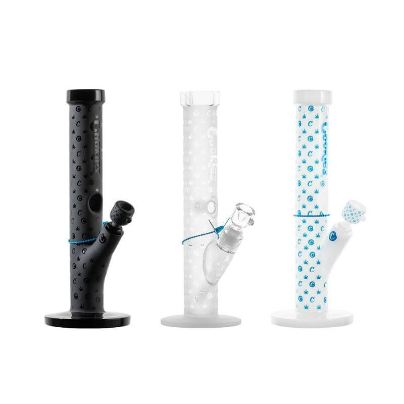 Cookies V Straight Water Pipe set featuring black, white, and blue borosilicate glass designs for improved smoking experience.