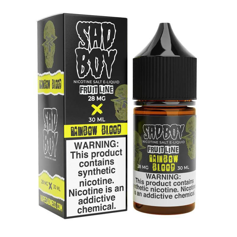 Sad Boy Salt Nic 30ml bottle of Rainbow Blood e-liquid with box, 28mg nicotine, vibrant fruit flavors.