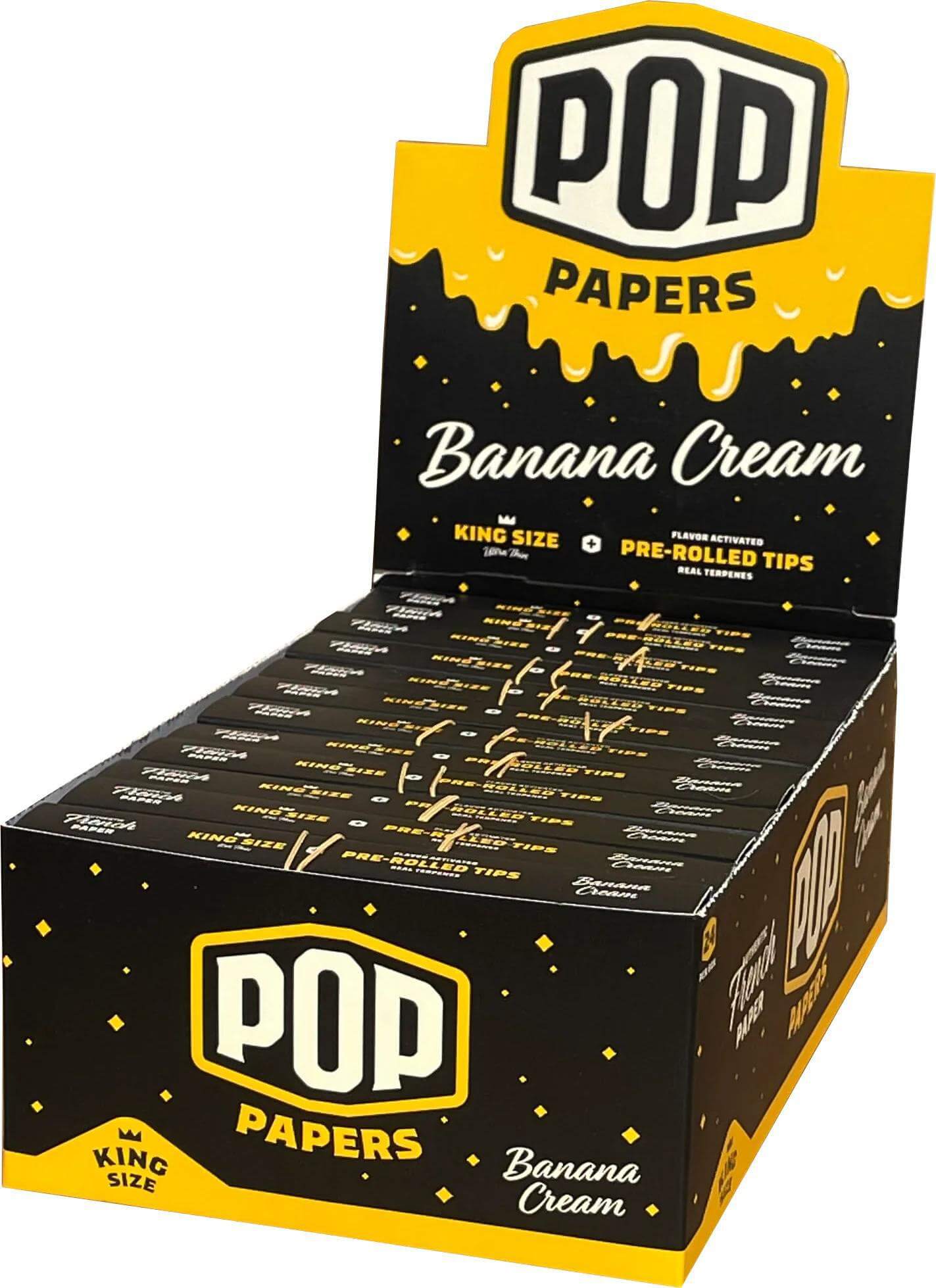 Pop Papers King Size Banana Cream flavored rolling papers packaging display.