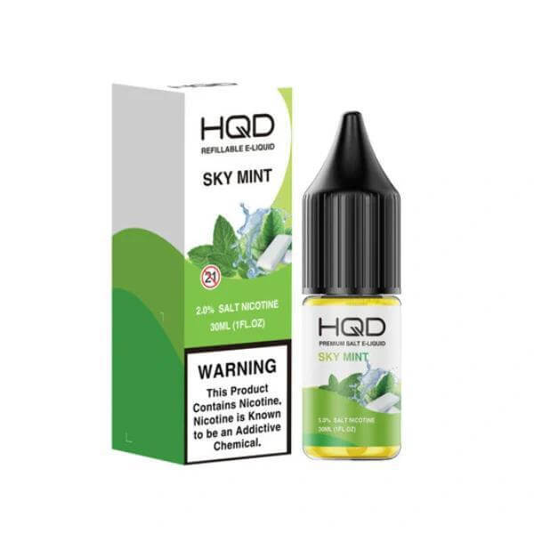 HQD Premium Sky Mint Salt E-Liquid bottle and box, showcasing 30ml size and 2.5% nicotine strength.