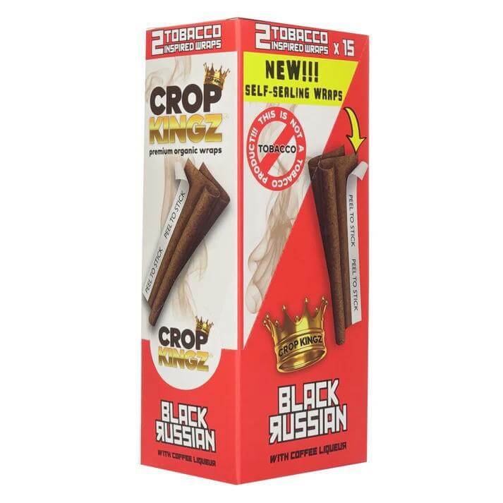 Crop Kingz Black Russian hemp wraps with coffee liquor, 2 wraps per pack for a smooth smoking experience.