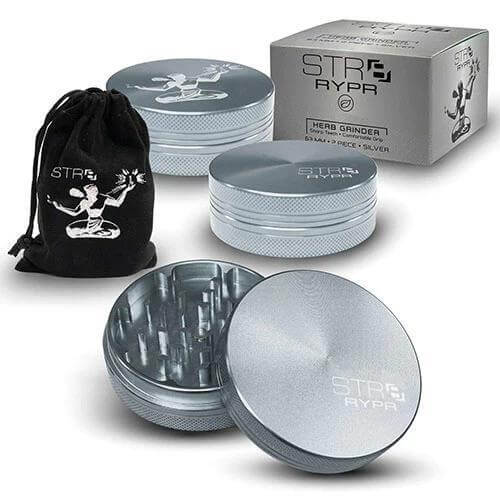 STR8 RYPR 40mm 2-Piece Herb Grinder in silver with pouch and packaging for easy herb grinding.