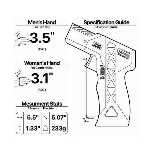 Yocan Red Delta Torch specification guide showing measurements for men's and women's hand grips and overall dimensions.