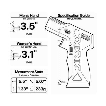 Yocan Red Delta Torch specification guide showing measurements for men's and women's hand grips and overall dimensions.