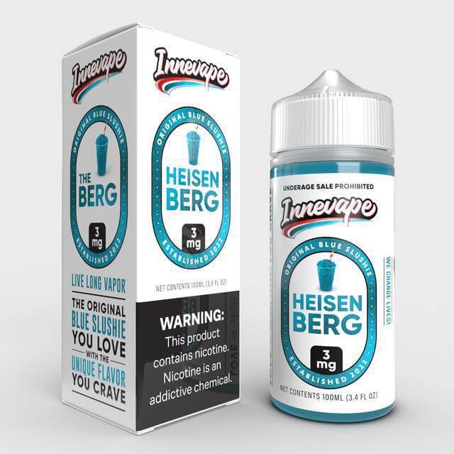 Innevape Heisenberg 100ml e-liquid bottle and box with blue slushie flavor and 3mg nicotine strength.