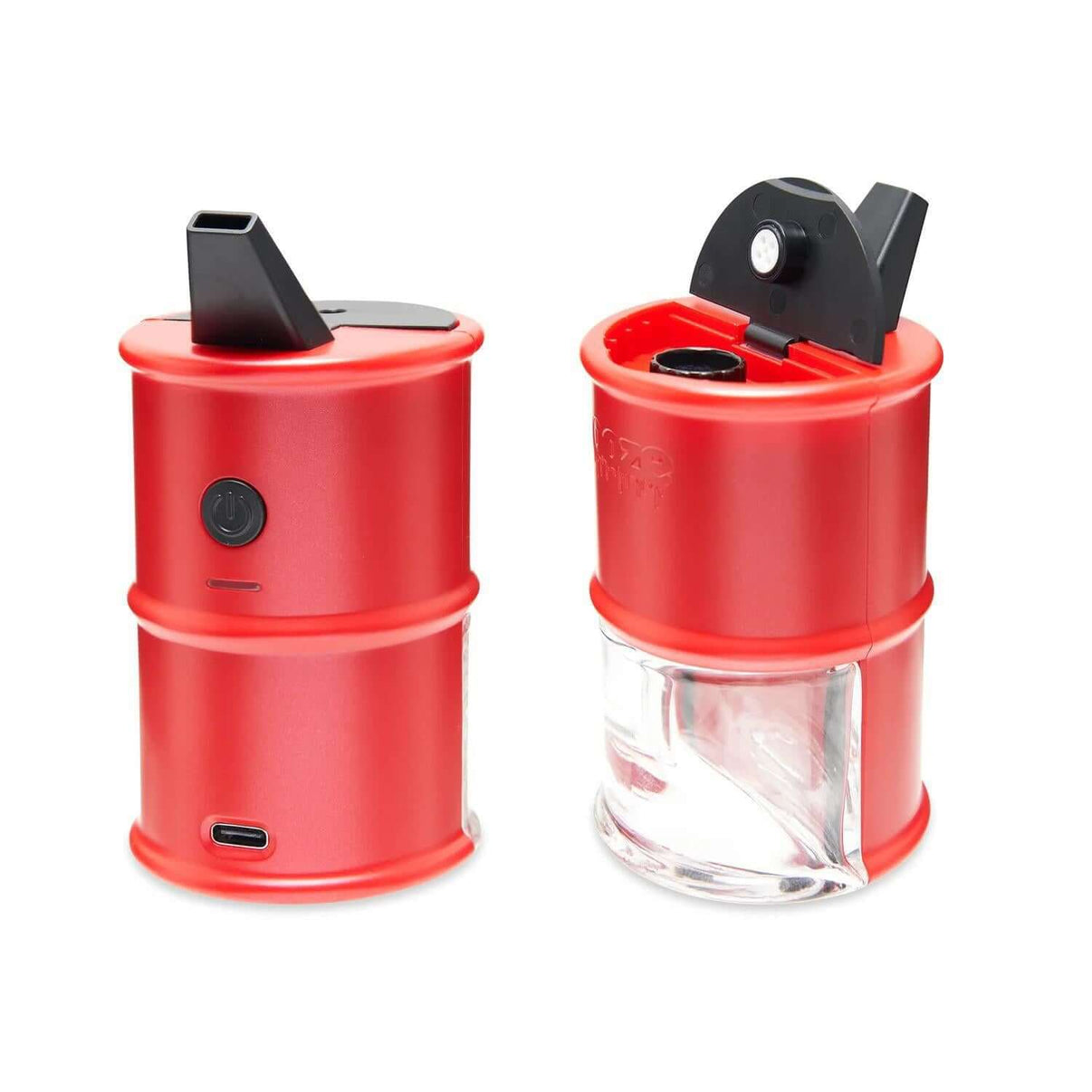 Ooze Electro Barrel Mini Electric Dab Rig in red, showcasing electric bubbler design with USB-C charging port.