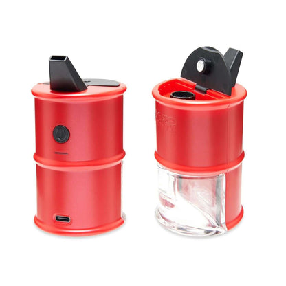 Ooze Electro Barrel Mini Electric Dab Rig in red, showcasing electric bubbler design with USB-C charging port.