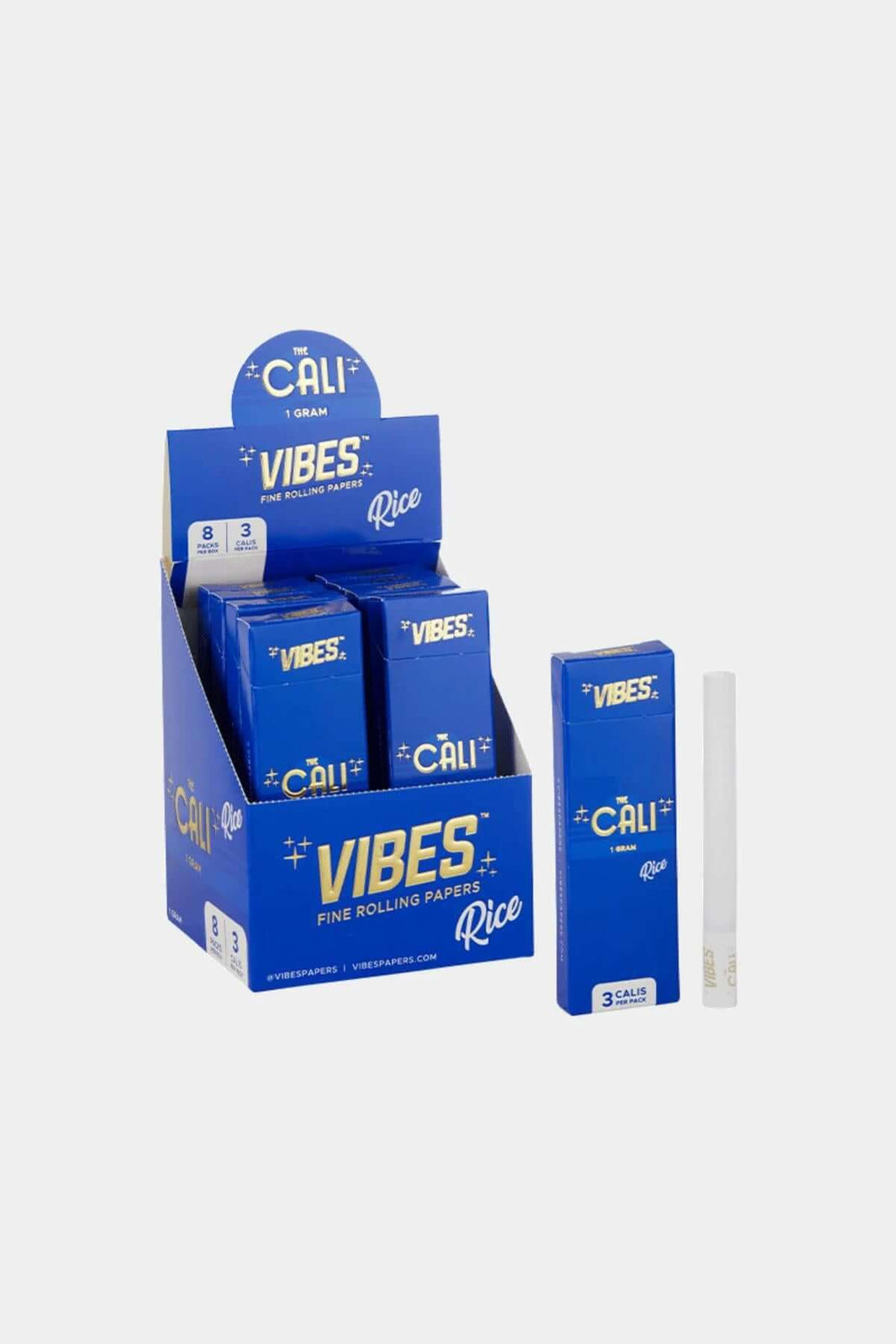 Vibes Cali Rice Cones display pack showcasing premium rolling papers for a smooth smoking experience.