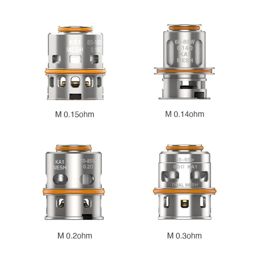 GeekVape M Series Coils featuring 0.150ohm, 0.140ohm, 0.200ohm, and 0.300ohm options for optimal vapor production.