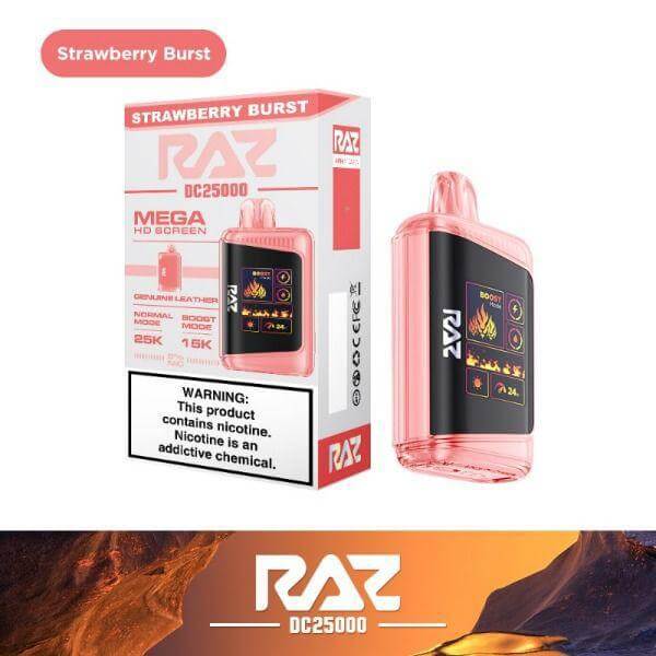 Raz 25 Disposable Nicotine Vape device with Strawberry Burst flavor packaging, featuring Mega HD screen.