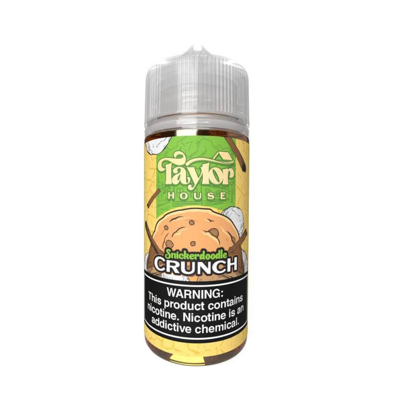 Taylor House E Liquids Snickerdoodle Crunch flavor in a clear bottle with a warning label about nicotine.