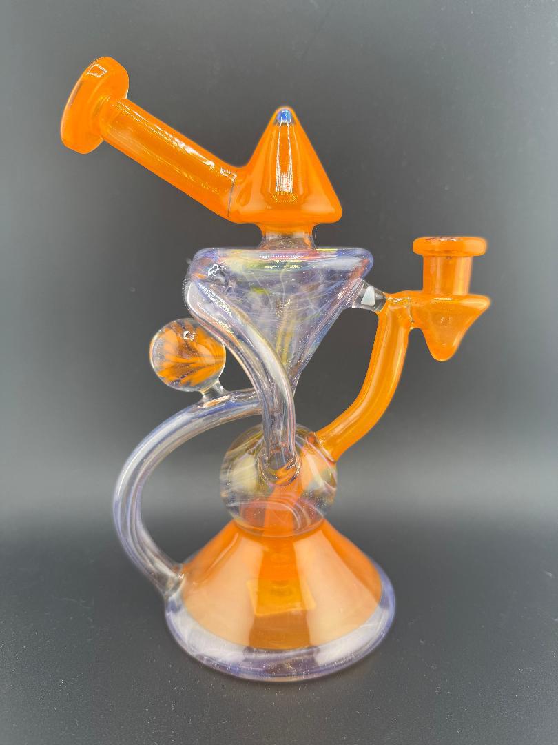 Mank Glass Orange & Purple Recycler w/ Marble and Opal Accents 10mm 90°