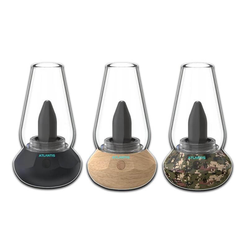 Poseidon Atlantis 510 Cup Vaporizers in three colors: black, wood, and camouflage designs.