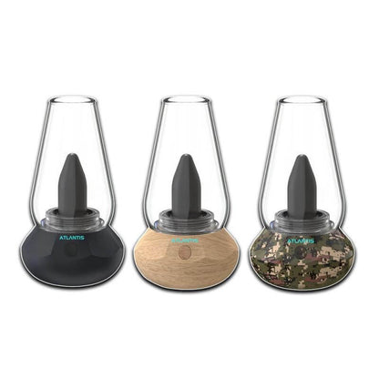 Poseidon Atlantis 510 Cup Vaporizers in three colors: black, wood, and camouflage designs.