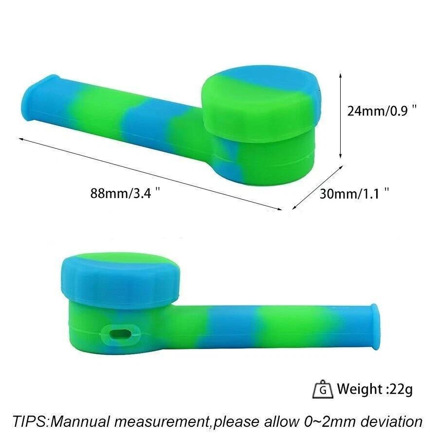 Silicone Hand Pipe 3" in random blue and green color, compact and portable with lid for secure storage.