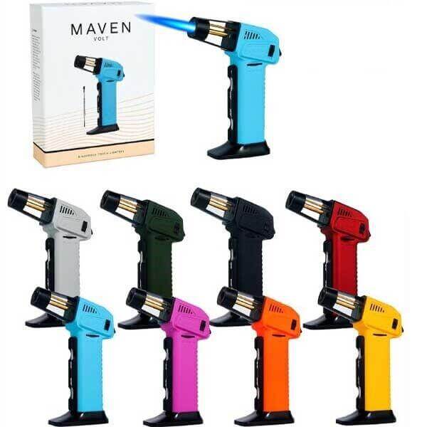 Maven Volt Butane Torch display with multiple colors including Blue, Green, Orange, Purple, Black, Red, Grey, Yellow.