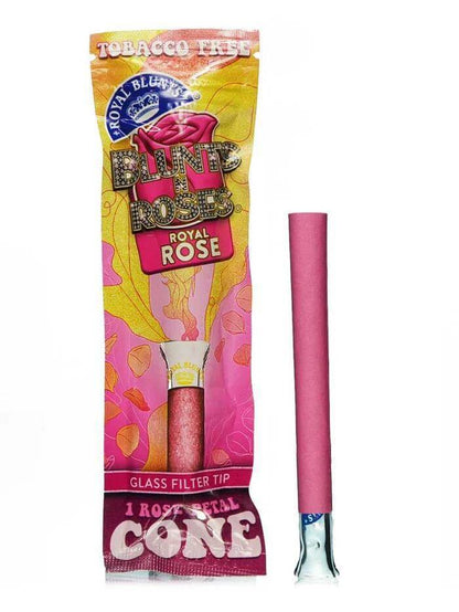 Blunts N Roses Royal Rose cone with glass filter tip, tobacco-free and stylish packaging, perfect for unique smoking experiences.