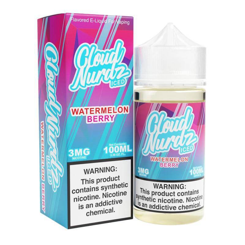 Iced Cloud Nurdz Watermelon Berry 100ml e-liquid bottle with vibrant packaging, perfect for sub-ohm vaping.