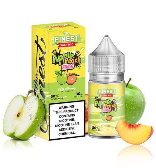 Finest Salt Nicotine 30ml with Apple Peach flavor, featuring vibrant packaging and warning label, ideal for vapers.