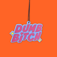 Dumb Bitch air freshener, a coconut air freshener with humor, hanging tag on bright orange background.