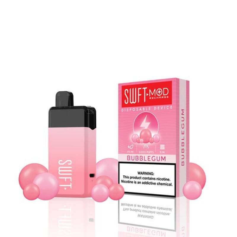 SWFT Mod 5k Disposable Vape in Bubblegum flavor with pink packaging and colorful bubbles, delivering 5000 puffs of satisfaction.