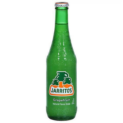 Jarritos Grapefruit Soda 16oz bottle showcasing natural flavors and refreshing taste.