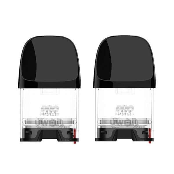 Uwell Caliburn G2 empty pod set, featuring two clear pods with black tops, designed for easy e-liquid refilling.